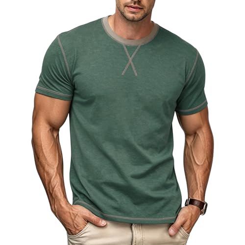 Image of Mens T-Shirts Short Sleeve Cotton Crew Neck Tshirts Casual Classic Stylish Vintage Tees Breathable Moisture Wicking Comfort, Army Green, Medium