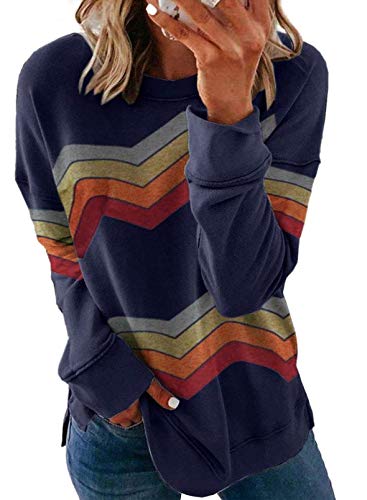 Acelitt Womens Color Block Sweatshirt Round Neck Long Sleeve Casual Loose Pullover Tops Shirts Blue Large #TOP18