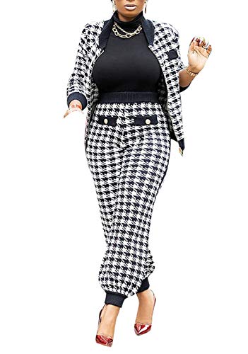 LKOUS 2 Piece Work Suits for Women's Houndstooth Print Buttons Open Front Long Sleeve Coat + Long Pants Casual Clothes