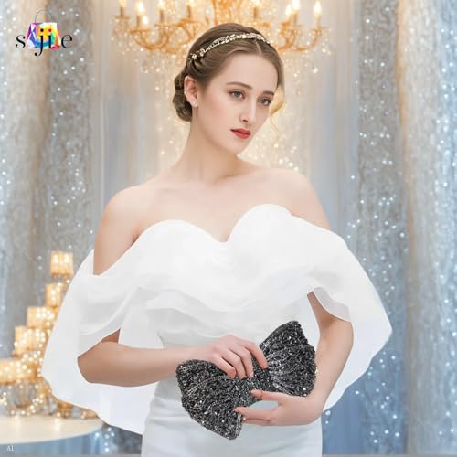 Image of Handmade Inlay Rhinestone Bow Clutch Bag for Women, Sparkling Evening Party Wedding Purse with Detachable Pearl Chain
