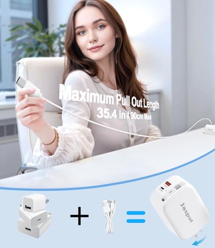 Image of 40W Retractable Wall Charger, 3 in 1 Retractable Phone Charger Wall Plug with Dual USB Ports,Fast USB C Chargers Block for iPhone 17 16 15 14,Galaxy S23 22,LG,Pixel