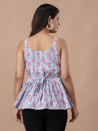 Image of feranoid Women Cotton Printed Sleeveless Strap Peplum Top