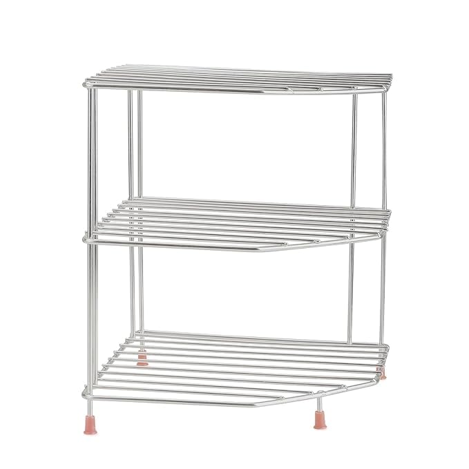 Image of Palomino 3-Tier Stainless Steel Kitchen Organizer Rack Corner Shelf Rack for Kitchen Storage | Plate & Bowl Holder | Kitchen Steel Rack Stand for Sink, Slab, and Cabinet