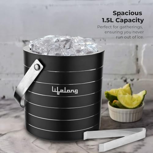 Image of Lifelong 1.5L Stainless Steel Double Walled Ice Bucket with Tong & Lid| Ice Box for Home, Bar, Parties & Gifting| Black Ring Design| Rustproof Ice Container with Handle for Whiskey, Cocktails & Drinks