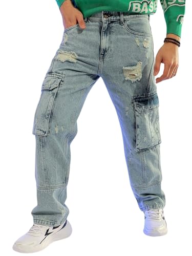 Image of The Indian Garage Co Men Relaxed Fit Solid Mid-Rise Cargo Denim