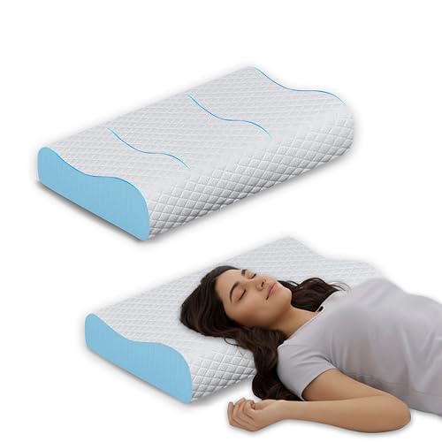 Image of Contour Memory Foam Pillow, Ergonomic Cervical Design for Sleeping Neck Support and Shoulder Pain Relief, Sky Breathable Case, 60 x 35 x 12 cm Orthopedic Therapy Bedding Cushion