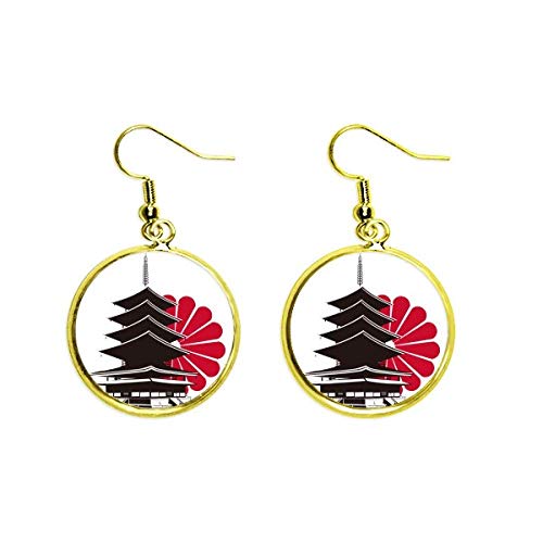 Pendientes de crisantemo japonés y templo dorados para mujer