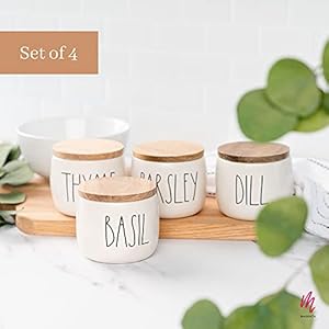Rae Dunn Herb Jars with Wooden Lids, Set of 4 Kitchen Jars for Herbs or Spices, Seasoning Containers with Lids, Herb Jars for Thyme, Basil, Parsley, and Dill Rae Dunn Herb Jars with Wooden Lids Set of 4 Kitchen Jars for Herbs or Spices Seasoning Containers with Lids Herb Jars for Thyme Basil Parsley and Dill