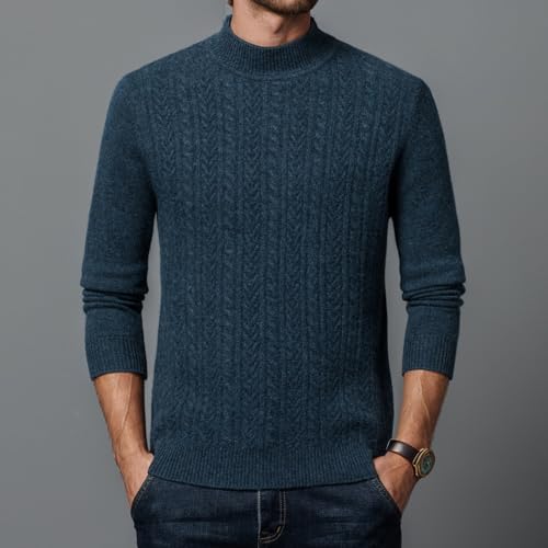 Men's 100% Wool Mock Turtleneck Sweater Casual Knitted Cable Pullover Solid Thermal Sweaters2