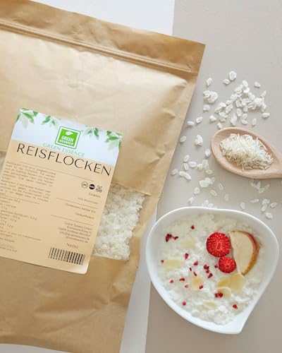 Reis Flocken 1kg von der Grünen Essenz | weiße Reisflocken zum Frühstück | Müsli und Backen - als Hundefutter Zusatzstoff - Reisflocken 1kg Reisbrei fur Pudding - Reis Gemüseflocken Vegan (1 Kg)