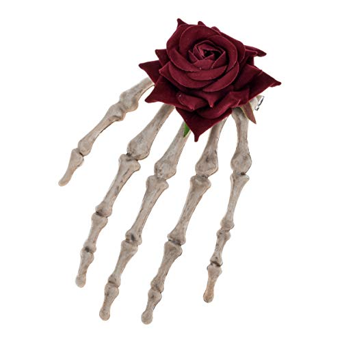 June Bloomy Halloween Skeleton Hands Hair Clips Rose Veil Gothic Frida Kahlo Costume Headpiece (H Burgundy)