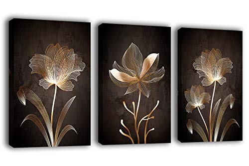 arteWOODS Abstract Wall Art Golden Flowers Canvas Pictures Contemporary Minimalism Abstract Artwork for Bedroom Bathroom Living Room Wall Decor 16" x 24" x 3 Pieces