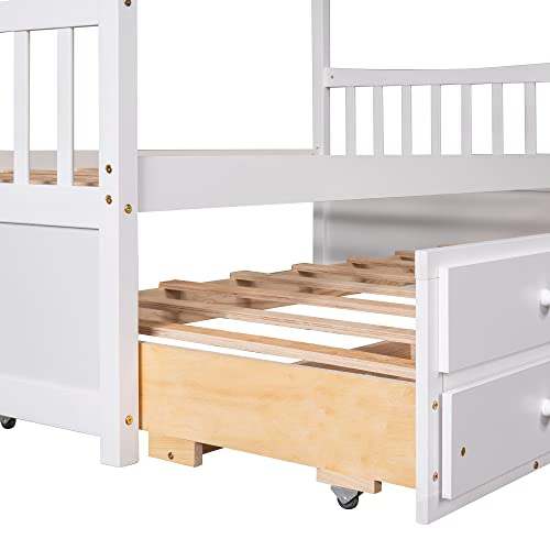 Moeo Twin Size House Bed With Trundle And 3 Storage Drawers, Wood Captain's Daybed Fram For Bedroom/Kids, No Spring Box Required - White #TOP2