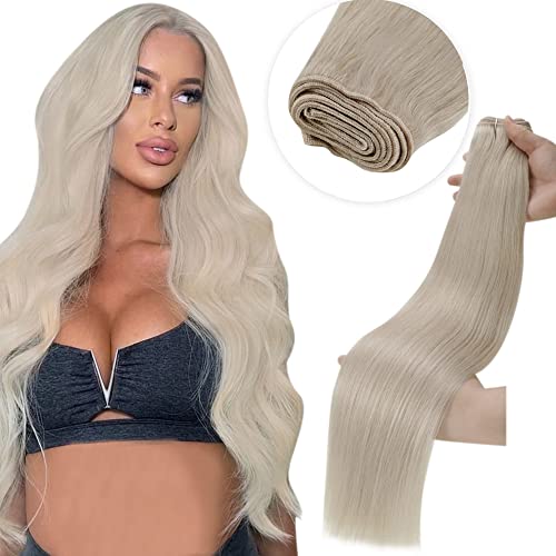 LAAVOO Weft Hair Extensions Platinum Blonde 18inch 100g Real Human Hair Extensions Weft Blonde Hair Extensions Sew in Extensions Blonde Double Weft Full Head Set Weft Hair Bundles Silky Straight