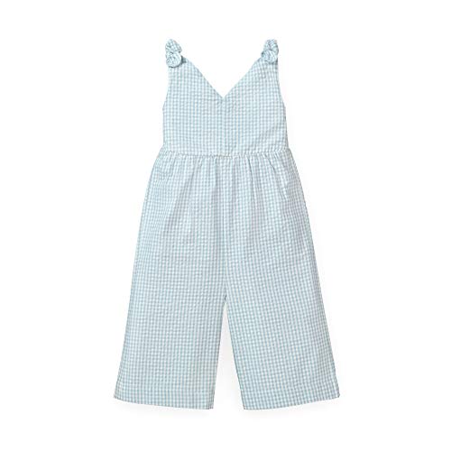Hope & Henry Girls Wide Leg Sleeveless Jumpsuit with Bow Shoulders Blue Gingham