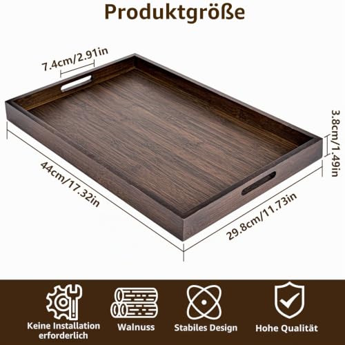 Serviertablett aus Walnussholz, Rechteckiges Serviertablett Groß mit Griff, 44 x 30 x 4 cm, Frühstückstablett Rechteckiges Holz Tablett für Frühstück Snacktablett Getränke Kaffee – Bild 2