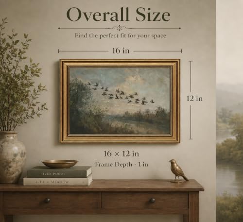 Image of Gold Framed 3D Textured Wall Art, Vintage Misty Lake Forest Flying Duck Canvas Prints, Nature Landscape Flock of birds Pictures Decor, Rustic Farmhouse Wildlife Artwork for Living Room Bedroom 12x16in