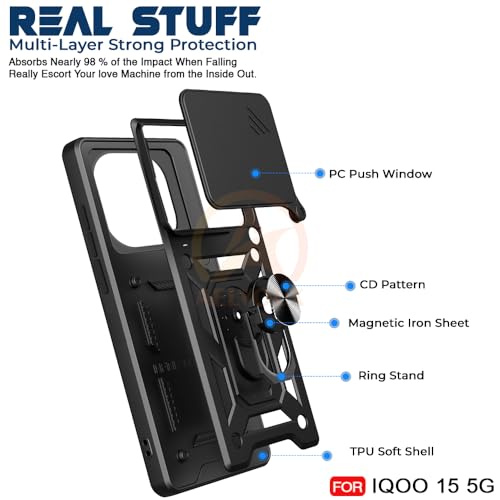 Image of Armor Bumper Back Cover Case for IQOO 15 5G Rotating Camera Cover, Ring Holder & Kickstand | Heavy Duty & 360 Degree Protection IQOO 15 5G Back Cover (Black)