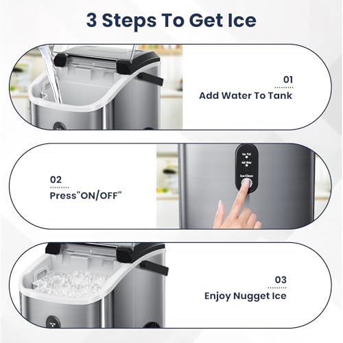 Antarctic Star Nugget Ice Makers Countertop with Auto-Cleaning, 35lbs/Day, Portable Sonic Ice Machine with Handle, Basket and Scoop for Home/Kitchen/Office/Camping(Stainless Steel Silver)