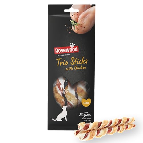 Rosewood Trio Sticks – Kaustangen mit Huhn für große Hunde – Ohne Getreide und Gluten – Mit Rinderhaut – Ohne künstliche Zusatzstoffe – 240 g