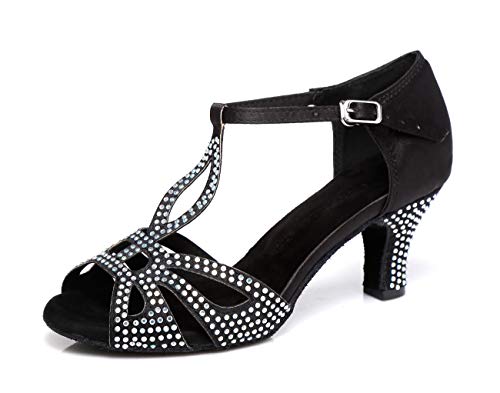 Minishion Women's T Strap Crystals Sparkle Med Low Heel Black Dance Sandals Party Sandals US 8