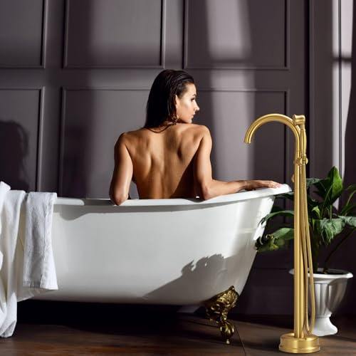 Free Standing Tub Faucet, Wintap Brass Antique Freestanding Bathtub Filler with Handheld Sprayer Max 6.6GPM/60PSI Classic Brushed Gold WT-9811BG by Wintap - Used condition - Image 8