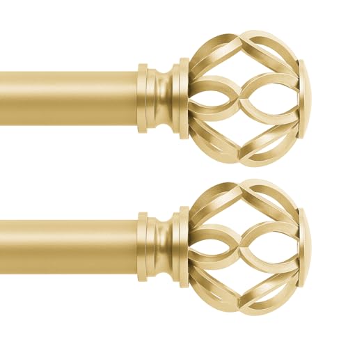 TVWOO Gold Decorative Farmhouse Curtain Rods 2 Pack:36-88" Adjustable Heavy Duty Single Window Curtain Rod for Bedroom Living Room,Gold Boho Rustic Drapery Rods with Vintage Twist Finial Easy Install