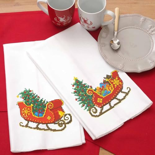 Image of LEISURE ARTS Stamped Tea Towel, Sleigh, 17x28 Inch, Perle Edge, 2 Pack | Pre-printed sleigh design, 17x28 in percale fabric 51% cotton 49% polyester. Perle edge. Stitch chart. Pack of 2.