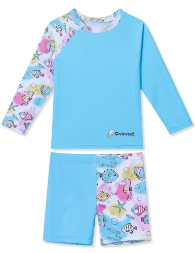 Ovovod Girls Swimsuit Two Piece Rash Guard Set for 4-14 Years UPF 50+ UV Protective Long Sleeve Swimwear
