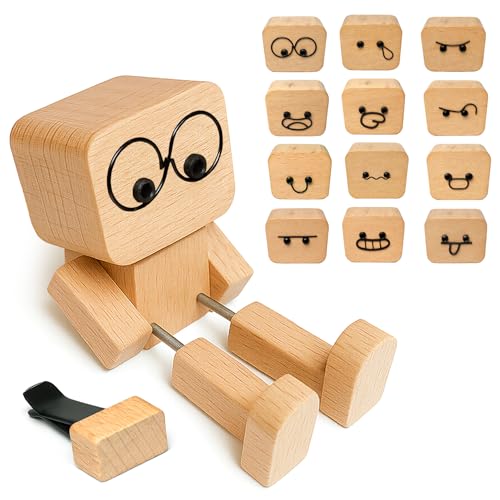 Tulvixxo Shaking Feet Wooden Doll with Spring Legs & 12 Pcs Magnetic Expressions for Car Dashboard Decoration