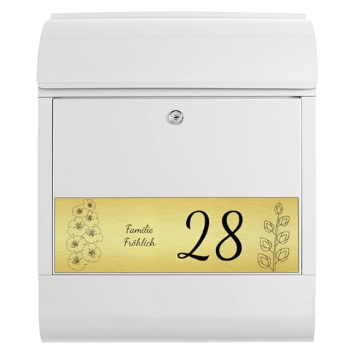 banjado Briefkasten personalisiert mit graviertem Namensschild in Gold - Wandbriefkasten Weiß - Postkasten mit Hausnummer, Namen & Motiv Blumen - Briefkasten mit Zeitungsfach