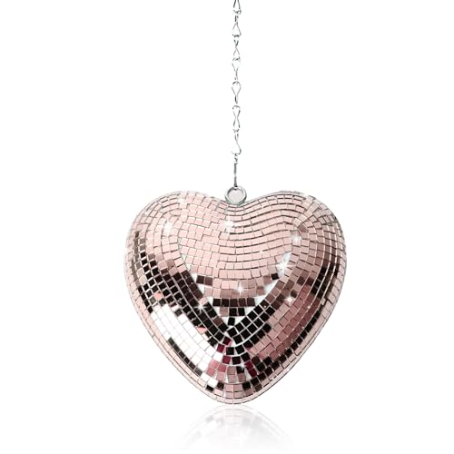 Sfera a Specchio a Forma di Cuore, Ornamento a Sfera a Specchio Riflettente Decorazione a Sfera da Discoteca con Catena a Gancio per Bar KTV per Feste (Oro rosa)