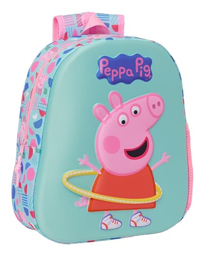 PEPPA PIG - Mochila Escolar, con Diseño 3D, Adaptable a Carro, Ideal para Niños de Diferentes Edades, Cómoda y Versátil, Calidad y Resistencia, 27x10x33 cm, Color Verde/Rosa
