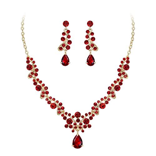 Clearine Schmuck-Set für Damen Party Hochzeit rund Tropfen Kristall Blatt Cluster Kostüm Statement-Halskette und baumelnde Ohrringe Rubin-Rot Gold-Ton