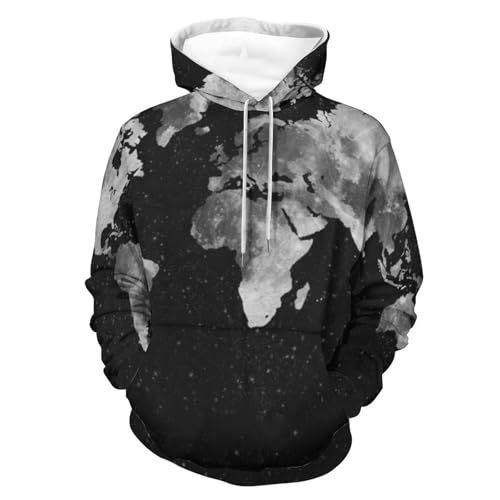 Image of Black And White Vintage World-Map Hoodies for Men 3D Print Pullover Hooded Drawstring Loose Sweatshirt with Big Pockets M