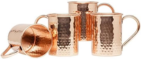 Pure Copper Pipe Hammered Copper Moscow Mule Mug, Non-Coated, Ideal for all Chilled Drink Dazzling Bar or Home Best Gift Set of 4