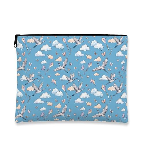 Image of Fanciful Birds Makeup Bag, Vintage Blue Cosmetic Travel Pouch for Women, Portable Canvas Zipper Organizer, Spring Skincare Toiletry Bag, Blue, 7x9 Inch, Birds