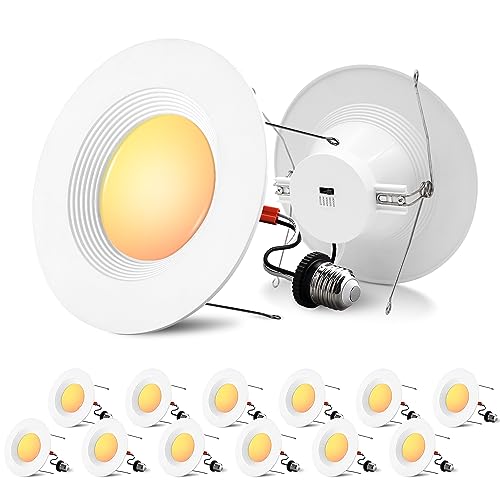 TRAMSMART 6 Inch 5CCT Recessed LED Ceiling Light 12 Pack, Baffle Trim, Dimmable, LED Recessed Downlight Damp Rated ,2700K/3000K/4000K/5000K/6500K Selectable 12W Eqv 75W, 1000LM Brightness