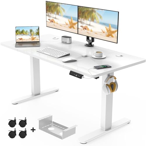Devoko 120 x 60cm Electric Standing Desk with USB Charging Port (New Sedentary Reminder), Height Adjustable Standing Desk with Cable Tray and Wheels, Small Sit Stand Desk for Home Office (White)