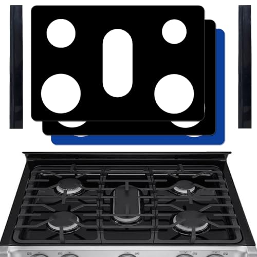 WOHLOPL Stove Guard for LG Stove Compatible with 30-inch Gas Ranges Non-Stick Double Thickness Reusable Stove Top Cover 2 Pack Black + 1 Pack Blue with Stove Gap Covers