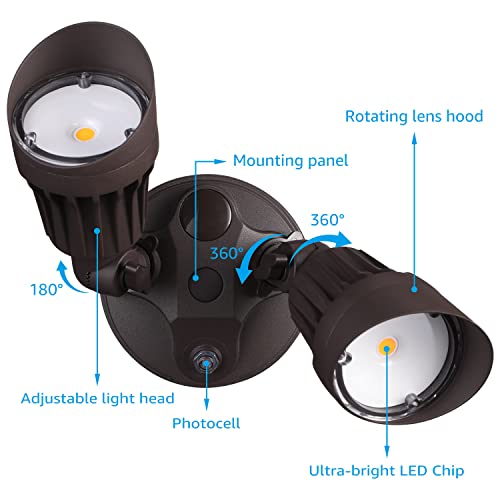 Leonlite Dusk To Dawn Led Security Lights, Adjustable Dual-Head Flood Light Outdoor With Photocell, 20W(150W Equiv.), Wet Location, Etl Listed, 3000K Warm White, Aluminum Housing, Bronze #TOP3
