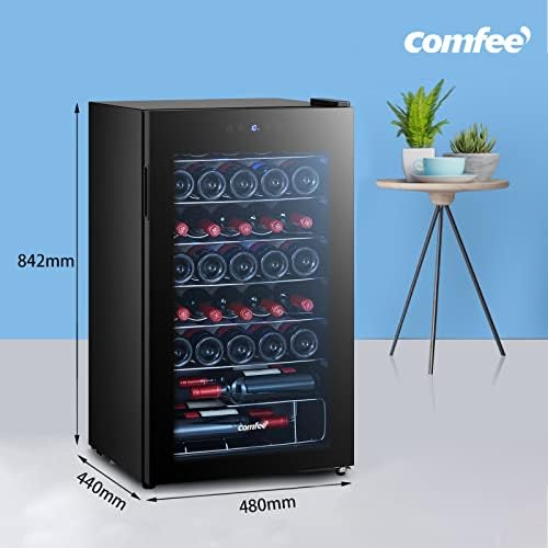 COMFEE' RCW96BG1(E) Under Counter Wine Cooler Fridge | 93L Freestanding Wine Fridges with Glass Door(34 Bottles) | LED Display & Touch Control | 7 Removable Shelves | 39dB Low Noise