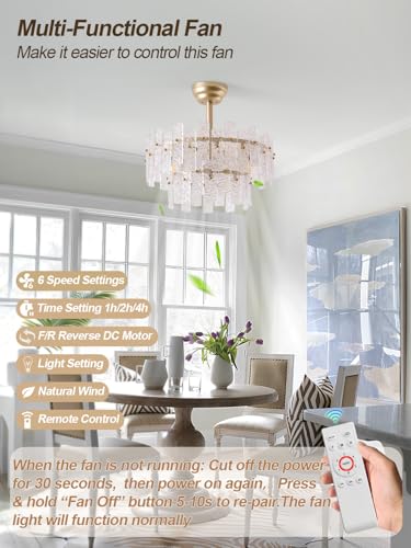 Image of 20 inch Gold Fandelier Ceiling Fan with Light,Gold Crystal Chandelier Ceiling Fans with Lights and Remote Control,Mid-Century Modern Caged with 6 Speeds for Living Room Bedroom Nursery
