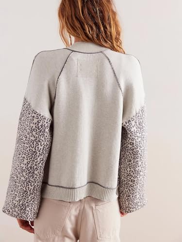 Image of Women's Casual Leopard Print Jacket Crew Neck Long Sleeve Loose Fit Button Coat Fall Trendy Bomber Cardigan