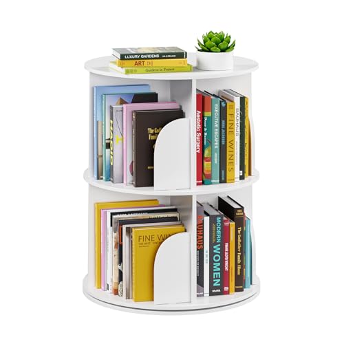Image of SpaceAid 2 Tier Rotating Bookshelf Tower, Spinning Bookcase Lazy Susan, Revolving 360 Book Shelf Storage Round Carousel, Vertical Rotate Turning Spiral Corner Organizer, White