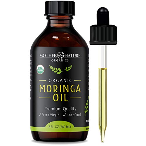 Moringa Oil - Organic USDA Certified, 100% Pure, Cold Pressed & Unrefined Vegan Oil - Natural Moisturizer for Skin, Face, Body & Hair - Great For Fine Lines, Wrinkles - by Mother Nature Organics (8 Ounce)