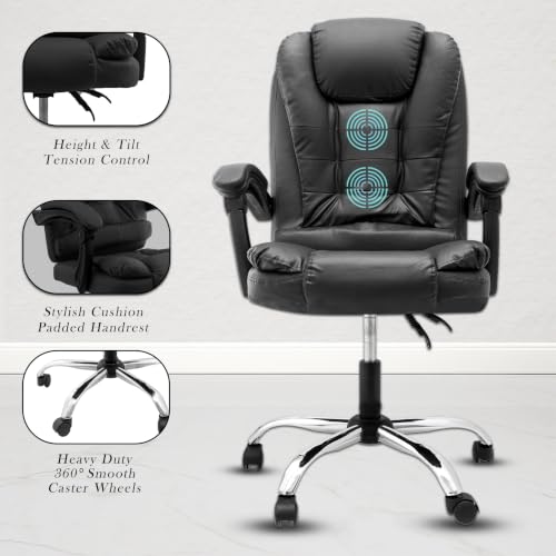 Image of Casa Copenhagen Italia Premium Leatherette Office Chair for Work | Boss Chair, Ergonomic Executive, Luxurious Cushioned Arms & Seat, 2 Point Back Massager, Heavy Duty Metal Base (Black)