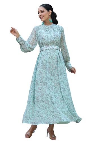 Juniper Sagegreen Alphin Chiffon Flared Printed Dress with Tie-up...