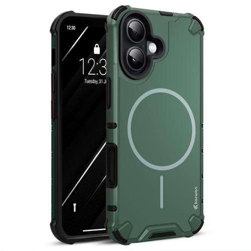 Image of KARWAN Tough Shockproof Back Case Cover Compatible with iPhone 16 Dual Layer Armor Protection with Matt Finish,Edge Guard Bumper Heavy Duty Cover with Magnetic MagEase Wireless Charging(Green)