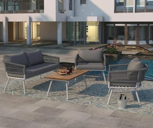 Image of 4 Outdoor Sofa Garden Balcony Sofa Patio Conversation Sofa Set with Coffee Table Wood Top for Living Room Lown Pool Rope Outdoor Chair Set-with-Wood-Table-for-Backyard(Grey)